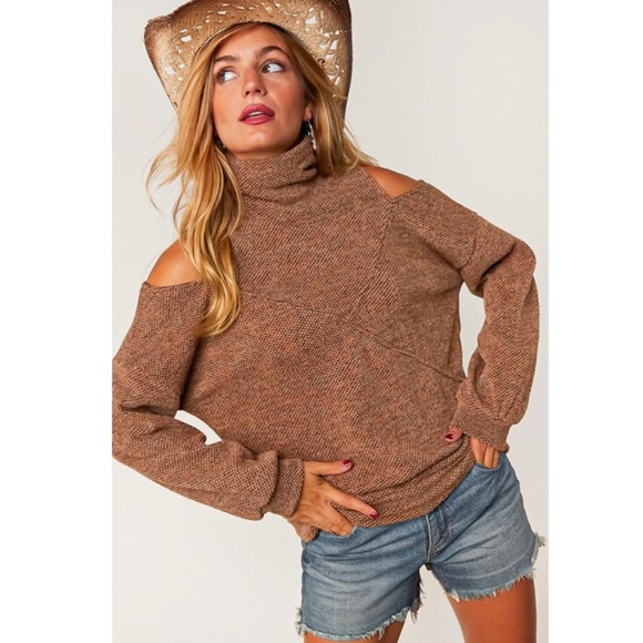 "The Simone" Sugarfox Brown Textured Cold Shoulder Turtleneck Sweater - Picture 2 of 5